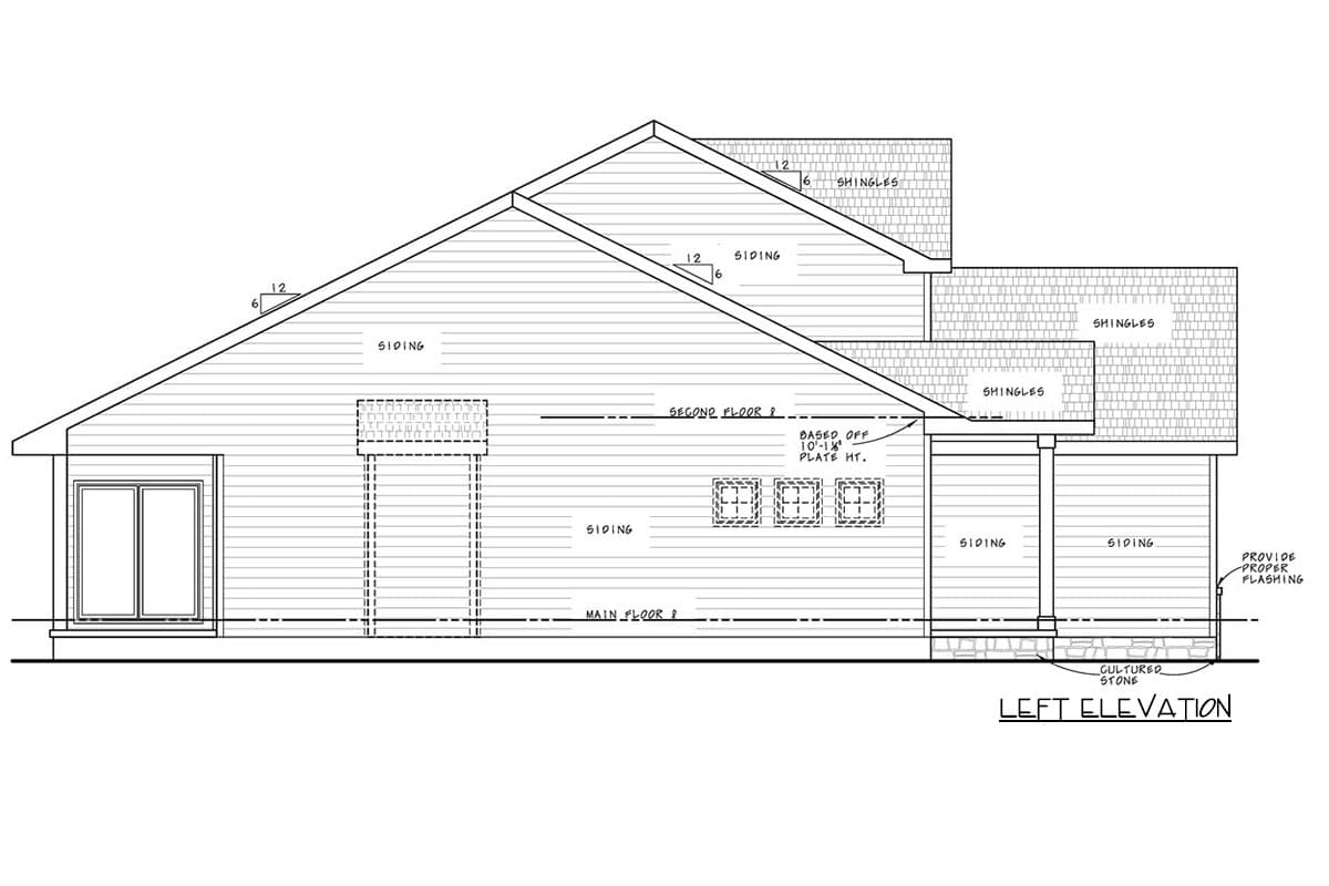 Left elevation house plan showing siding, shingles, a covered porch with stone base, and windows.