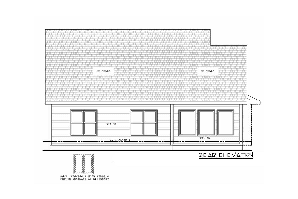 Rear elevation drawing of a house plan, showing siding, multiple windows, and a shingled roof.