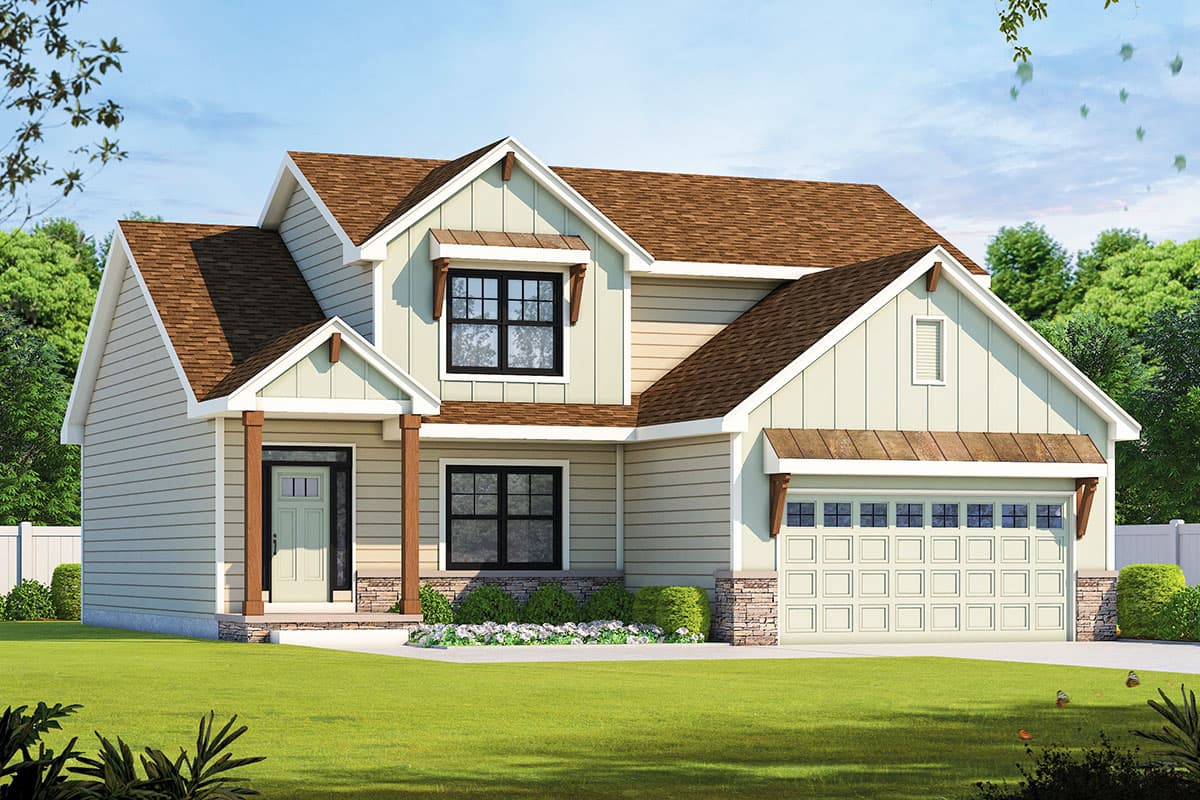 House plan exterior. Two-story Modern Farmhouse with gabled roof, covered porch, and attached garage. Stone accents and multiple dormers are visible.