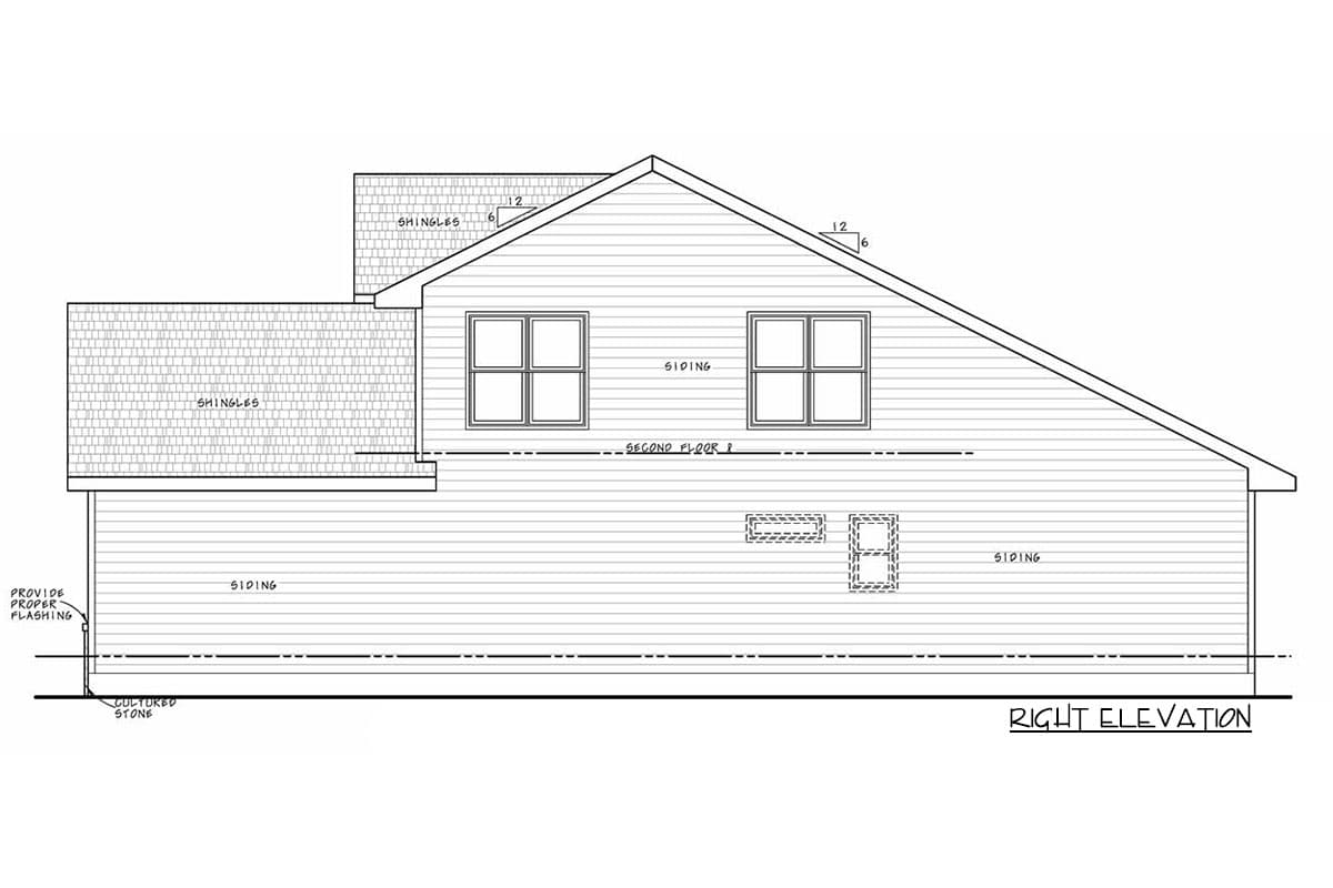 Right elevation floor plan drawing showing a two-story house with shingled roof, siding, cultured stone base, and double-hung windows.