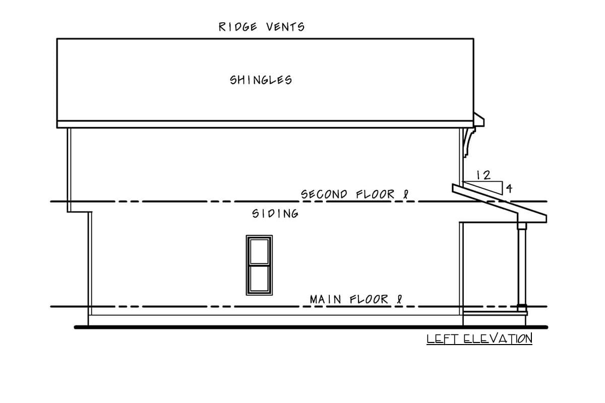 Left elevation drawing of a two-story house plan with siding, shingles, ridge vents, and a covered porch.