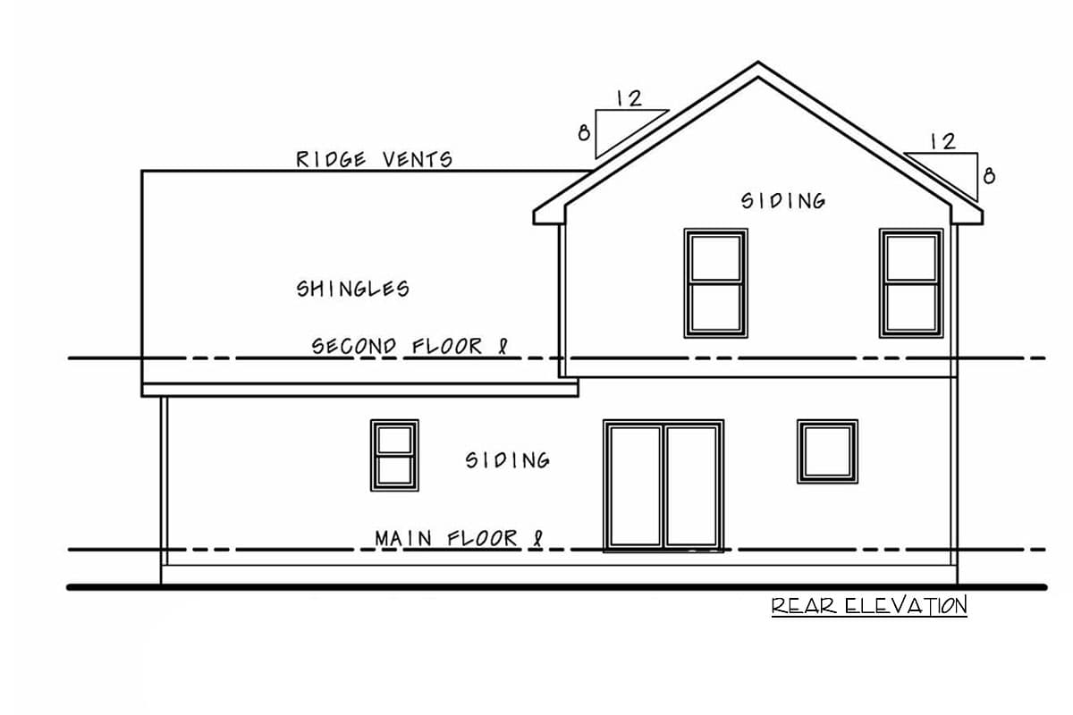 Rear elevation drawing of a two-story house plan showing siding, shingles, ridge vents, and windows.