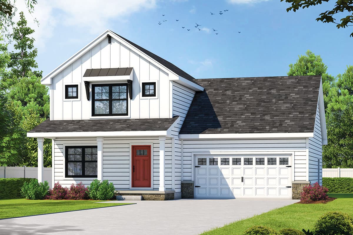 House plan exterior: Modern Farmhouse style, two stories, front porch, shed roof over garage, and gabled roof with dormer.