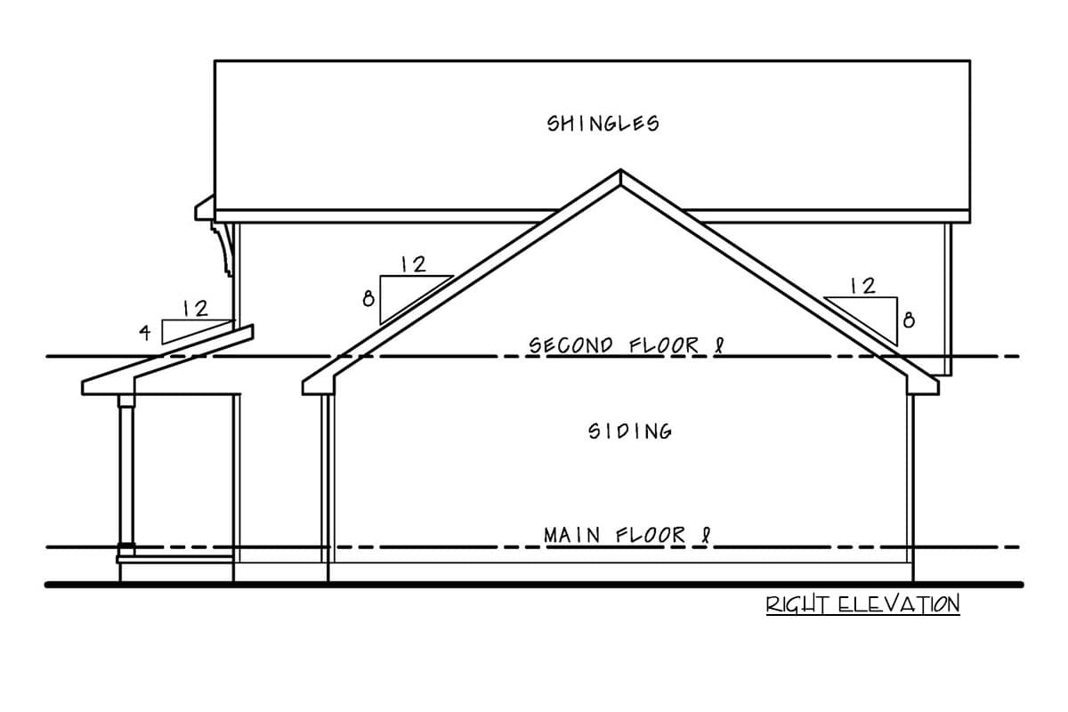 Right elevation drawing of a house plan showing main and second floors, siding, shingles, and roof pitch.