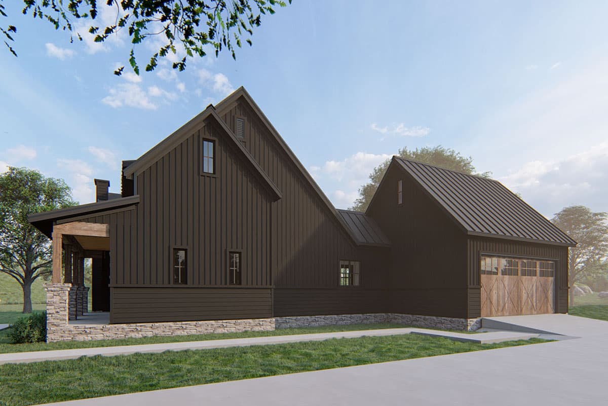 Modern Farmhouse house plan exterior with board and batten siding, metal roof, stone foundation, and wood garage door.