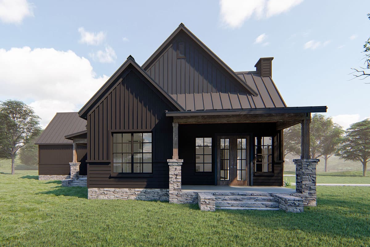 Modern farmhouse house plan exterior with metal roof, board and batten siding, stone accents, and covered front porch with timber posts.
