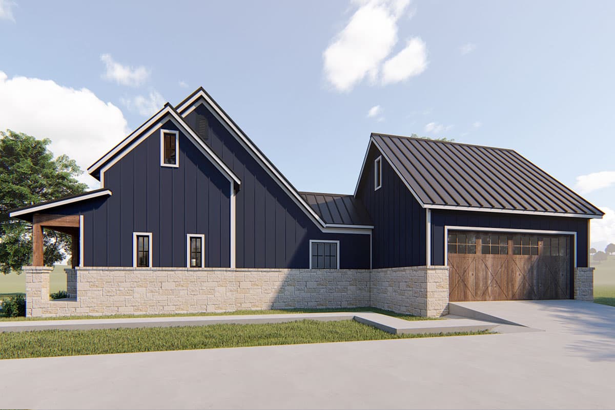 House plan exterior: Modern Farmhouse style, 1.5 stories, dark blue vertical siding, stone base, gabled roof, covered porch, attached garage.