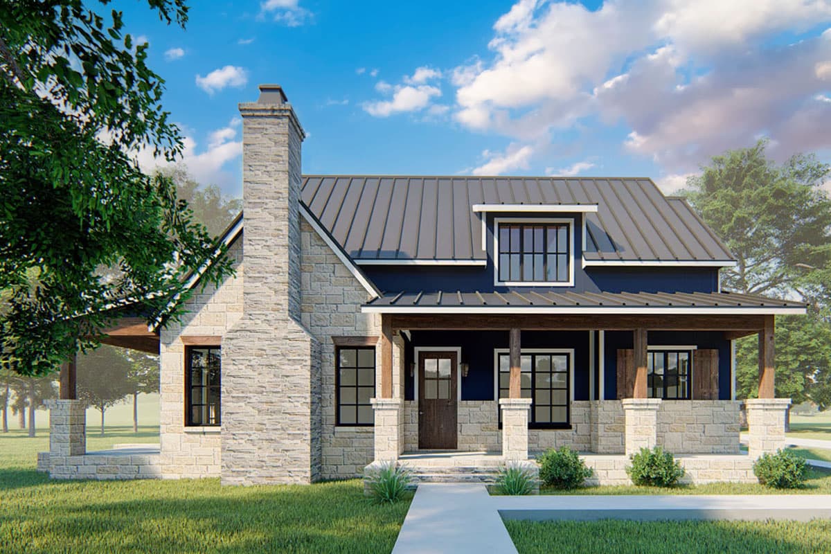 House plan exterior featuring a Modern Farmhouse style with stone veneer, a front porch, and a metal gable roof with a dormer.