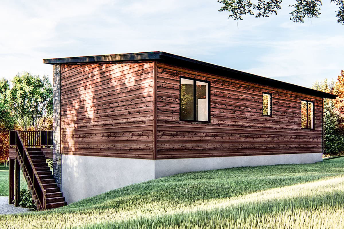 Modern house plan exterior with horizontal wood siding, flat roof, and exterior stairs leading to a deck.