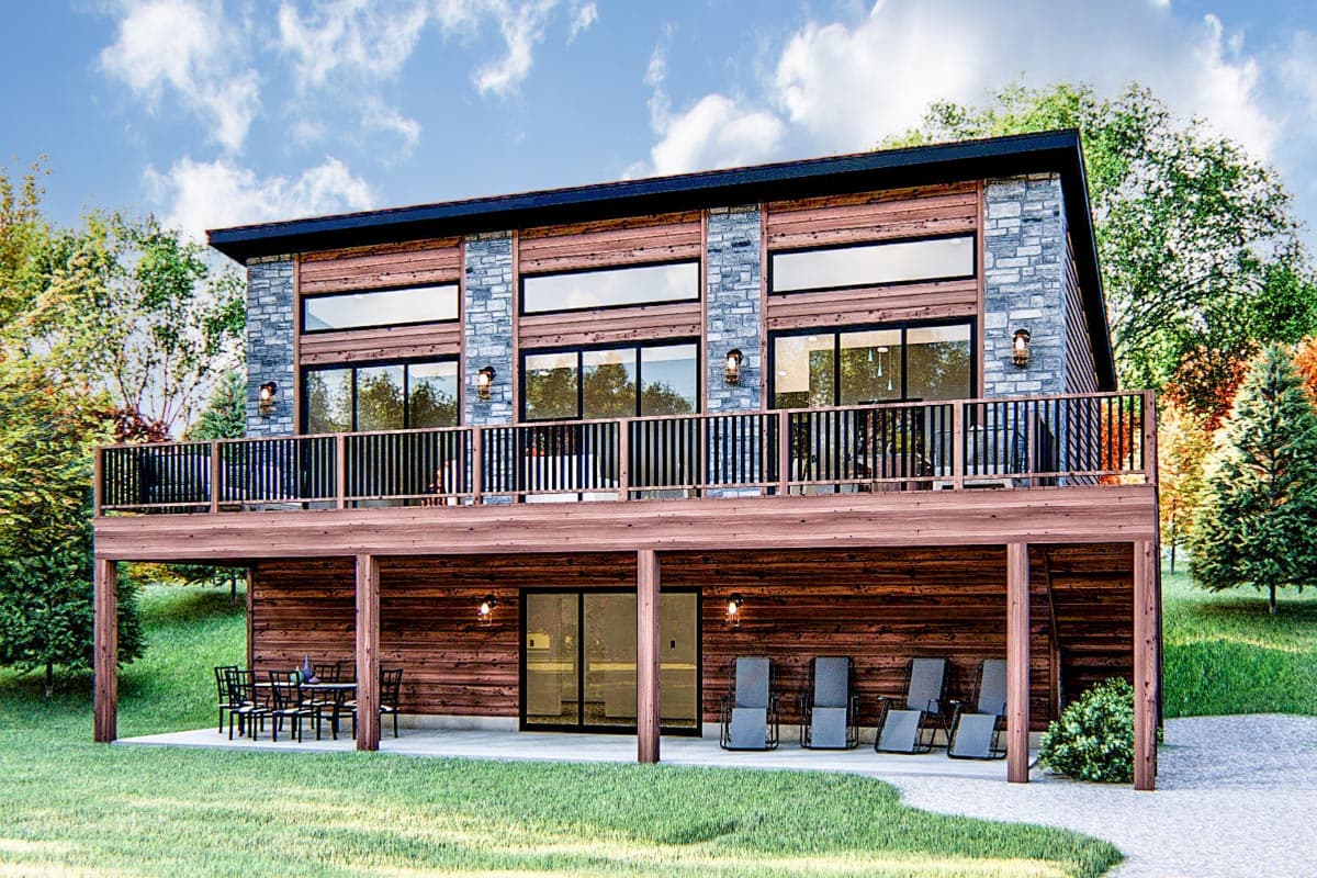 House plan exterior. Two-story modern design with horizontal wood siding and stone accents. Features include a wrap-around deck and large windows.