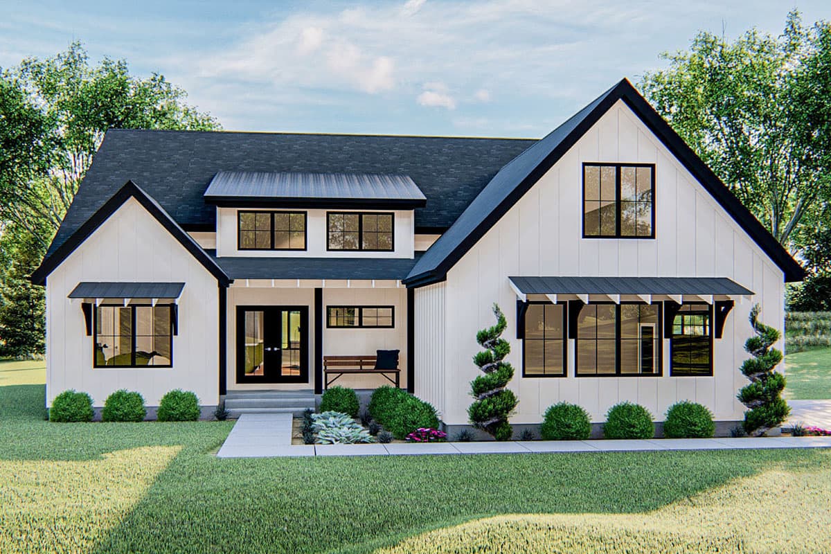 House plan exterior. Modern farmhouse style with two stories, gabled rooflines, and a covered front porch with a bench.
