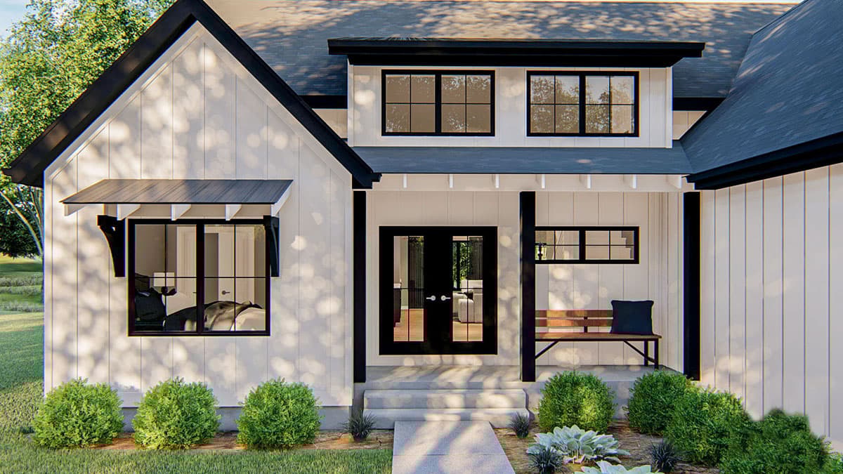 Modern Farmhouse house plan exterior with vertical siding, gable roof, covered porch, and black-trimmed windows.
