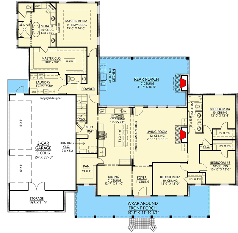 Plan 56463SM: Southern-Style Country Home Plan with Outdoor Kitchen and Optional Bonus Room - 2979 Sq Ft - Floor Plan - Main Level - Country, Southern