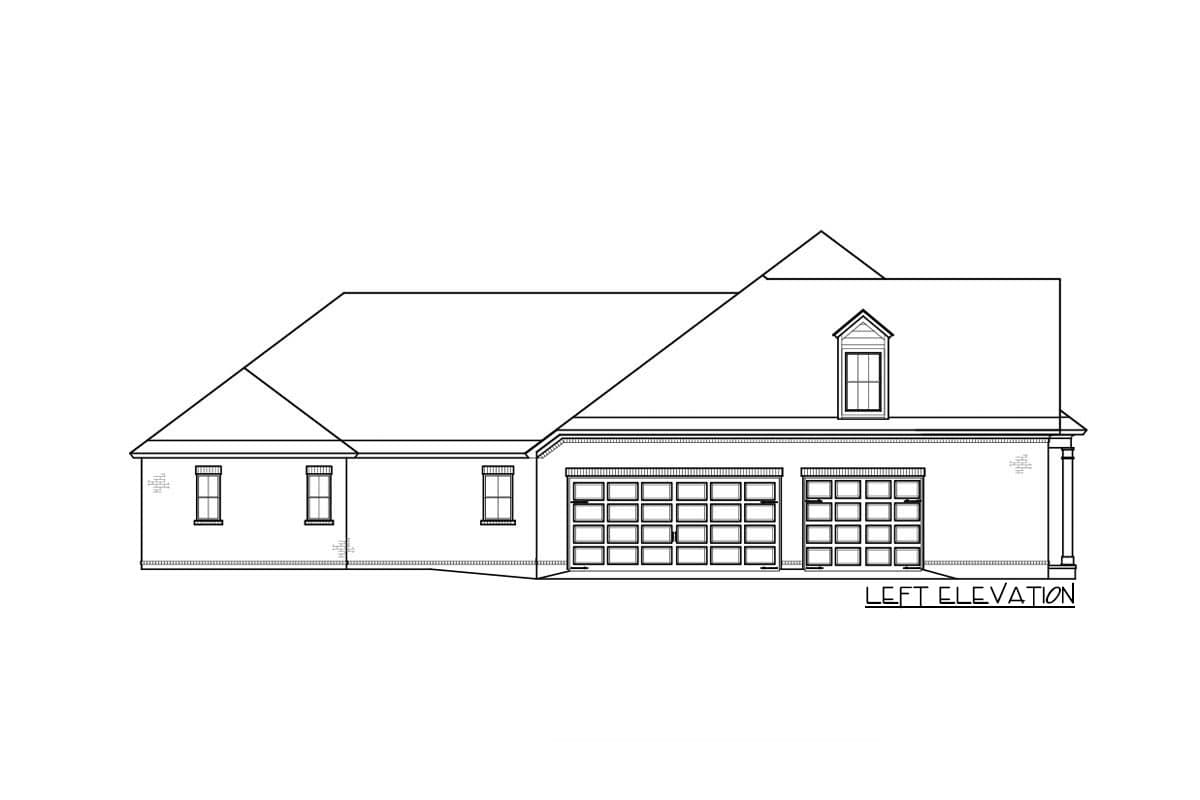 Left elevation house plan showing a one-story home with a hip roof, two-car garage, and dormer.