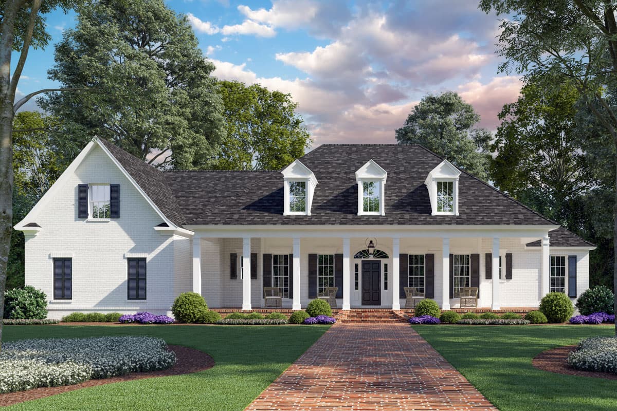 House plan exterior: one-story Modern Farmhouse with white brick, prominent porch, dormers, and gabled roof.