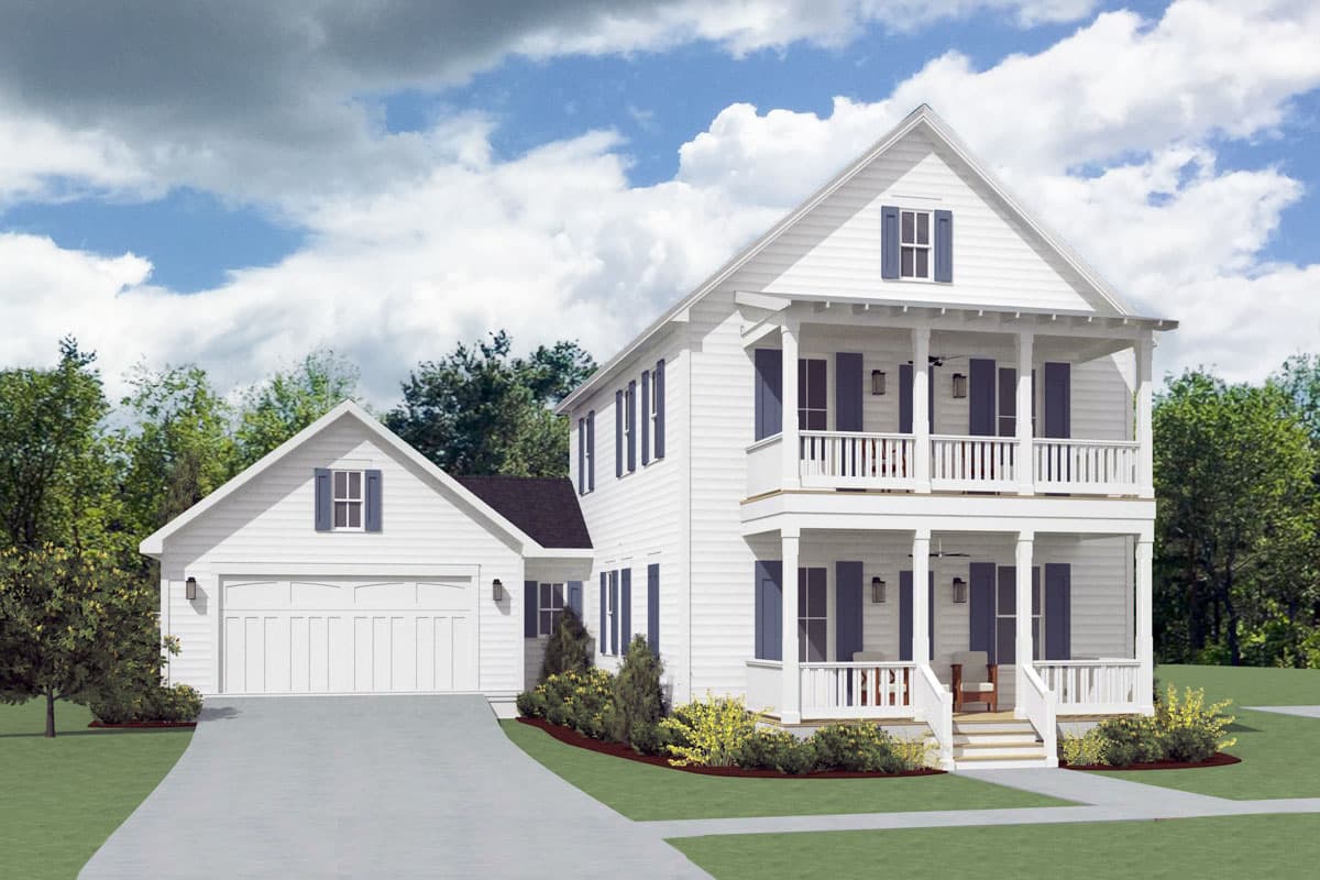 House plan exterior. Two-story house with gabled roof, two-story porch, and attached garage. Includes dormers and shutters.