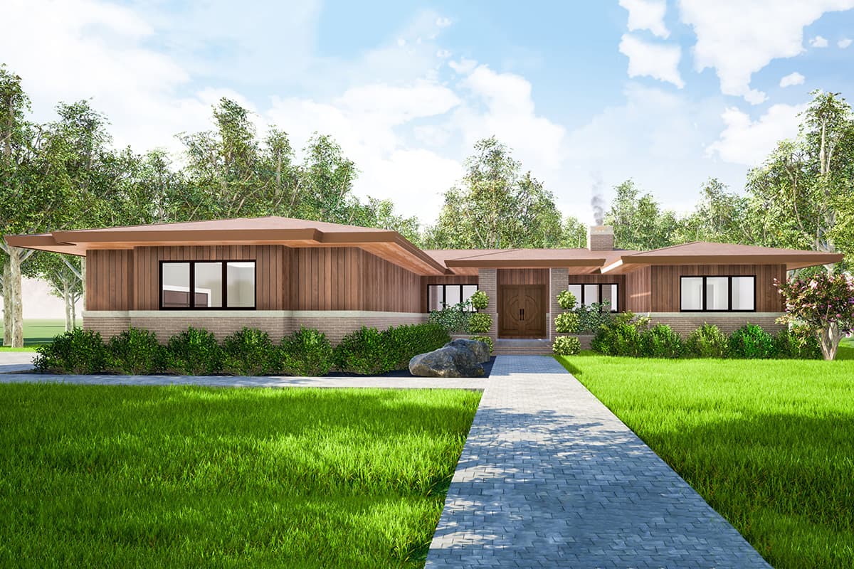 House plan exterior. One-story Modern design with flat roof, wood siding, brick base, and a walkway leading to a double-door entry.