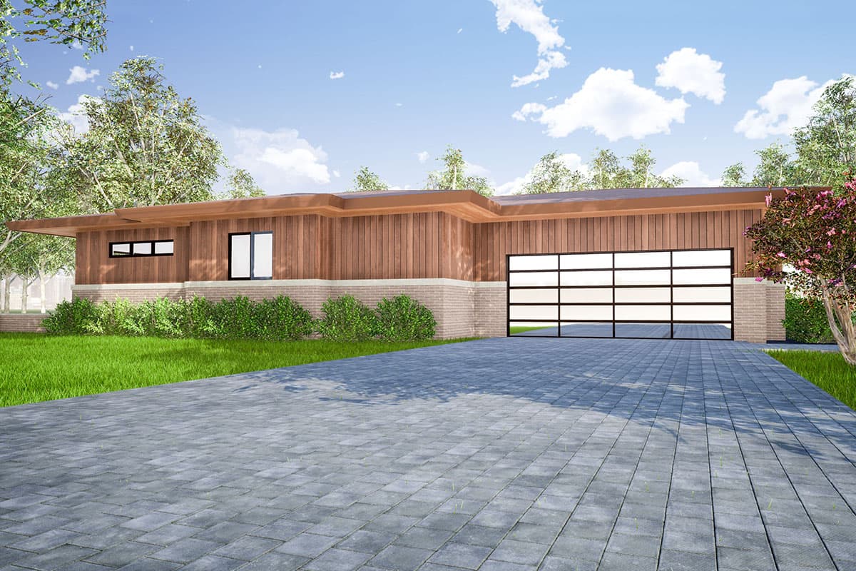 Modern house plan exterior with wood siding, flat roof, horizontal windows, and a glass garage door.