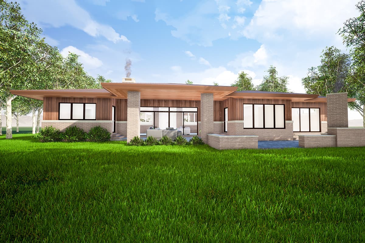 Modern house plan exterior with low-pitched roof, wood siding, large windows, brick base, and chimney.