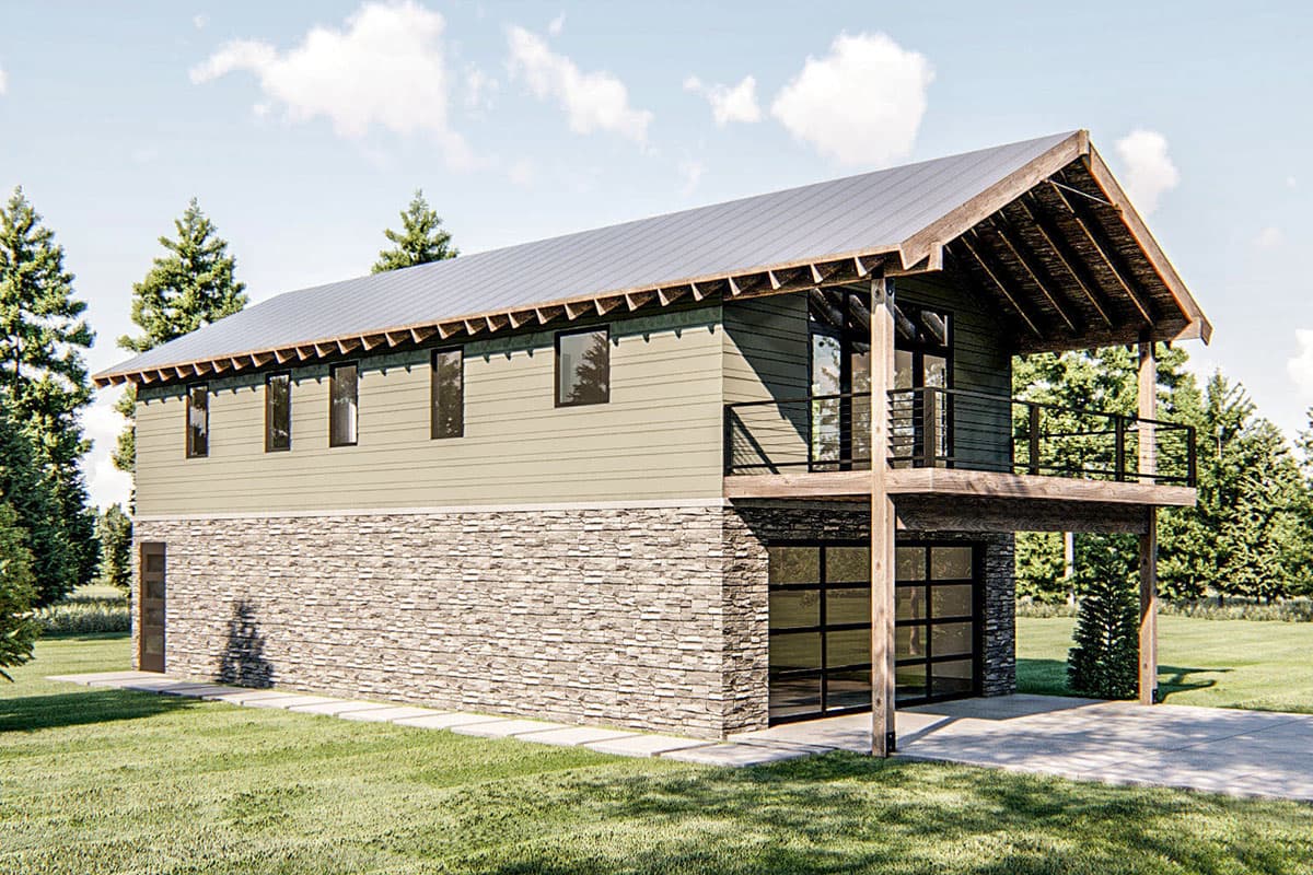 House plan exterior with stone base, upper level siding, exposed rafter tails, and deck with railings.