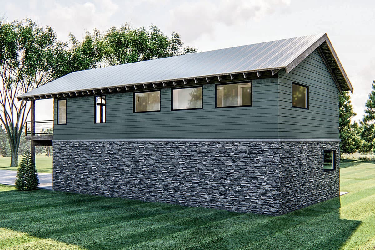 House plan exterior. Modern style home with a metal gable roof, dark green siding, stone wainscoting, and a cantilevered deck.