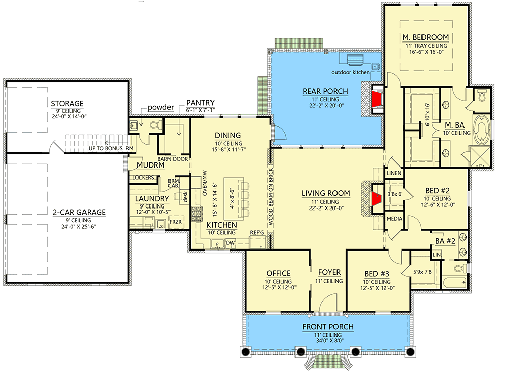 Plan 56464SM: Acadian House Plan with Bonus Over Garage - 2748 Sq Ft - Floor Plan - Main Level - Acadian, Country, French Country, Louisiana-Style, Southern