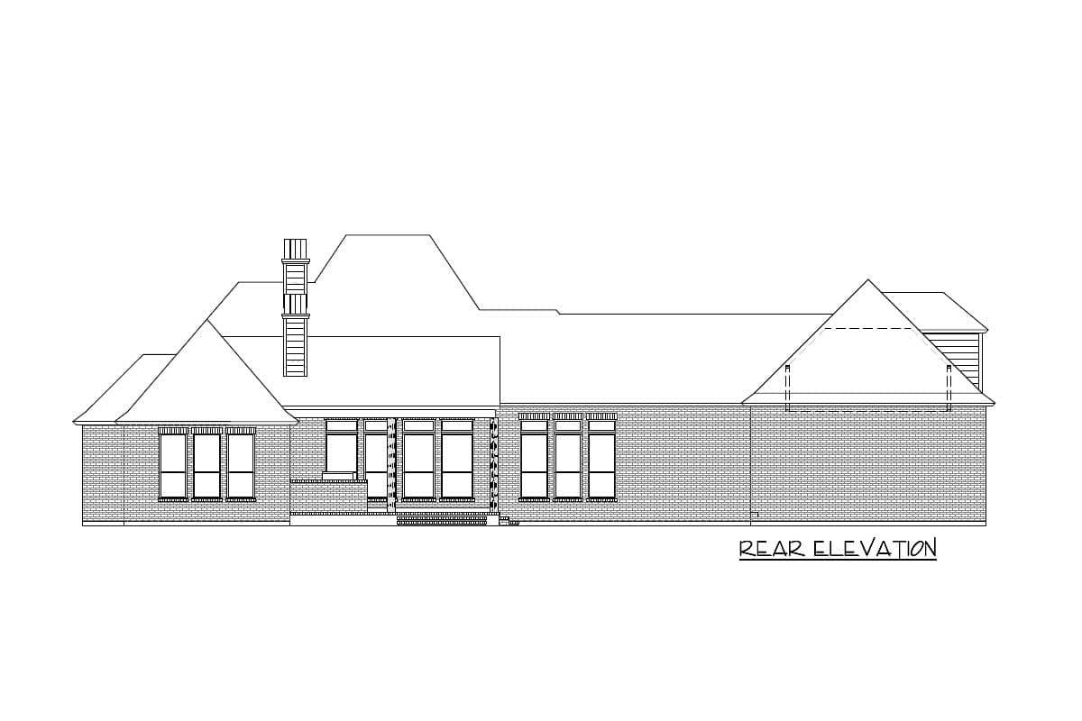 Rear elevation drawing of a one-story house plan with brick facade, multiple gables, and a prominent chimney.