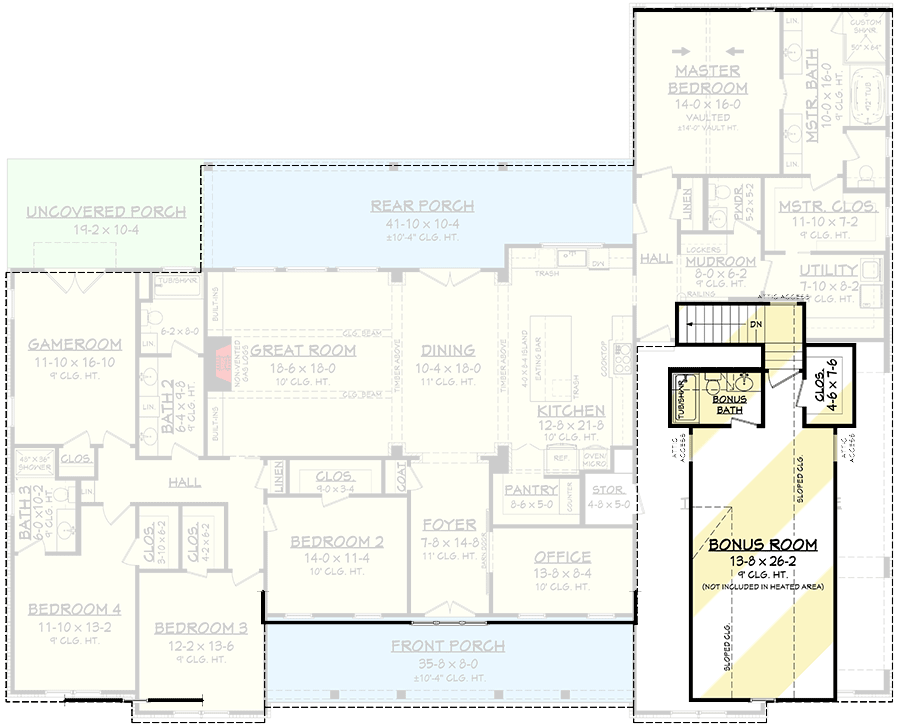 Plan 51830HZ: Expanded 4-Bed Modern Farmhouse with a Game Room and a Bonus Room - 3086 Sq Ft - Floor Plan - Bonus Level - Country, Modern Farmhouse, New American, Traditional