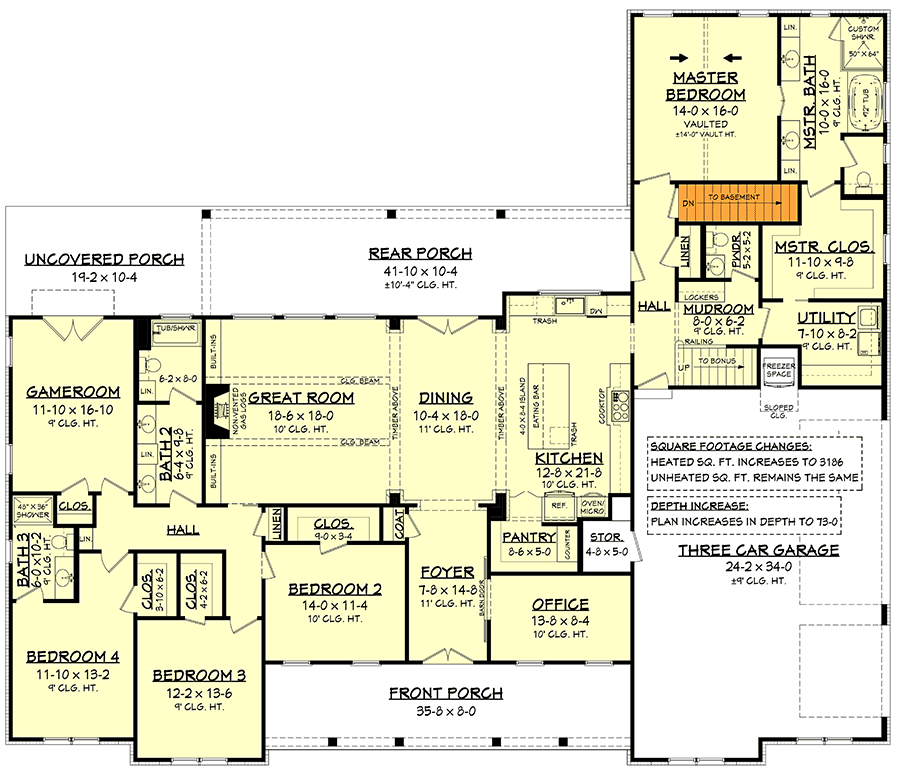 Plan 51830HZ: Expanded 4-Bed Modern Farmhouse with a Game Room and a Bonus Room - 3086 Sq Ft - Floor Plan - Basement Stairs Location - Country, Modern Farmhouse, New American, Traditional