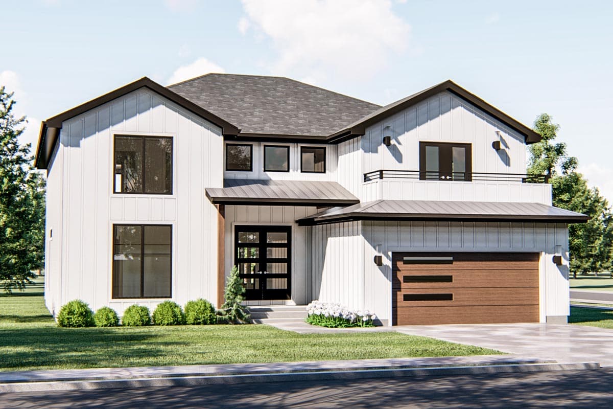House plan exterior view, Modern Farmhouse style. Two-story with gabled roof, covered porch, and attached garage. Includes a second-story balcony.