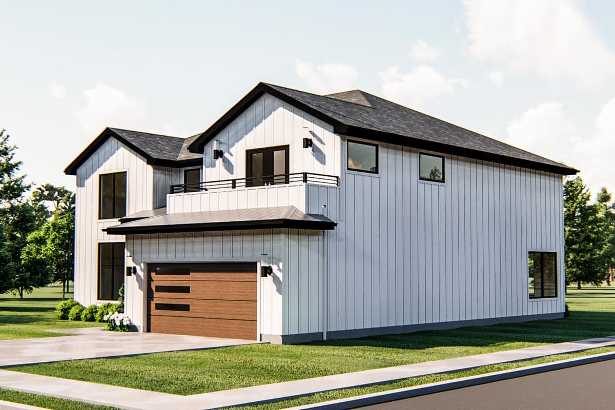 Modern farmhouse style house plan exterior with white vertical siding, pitched gables, balcony, and attached wood-grain garage door.