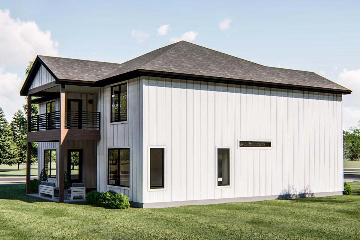 Two-story modern house plan exterior with vertical siding, upper-level balcony, covered lower porch, and dark-trimmed windows.