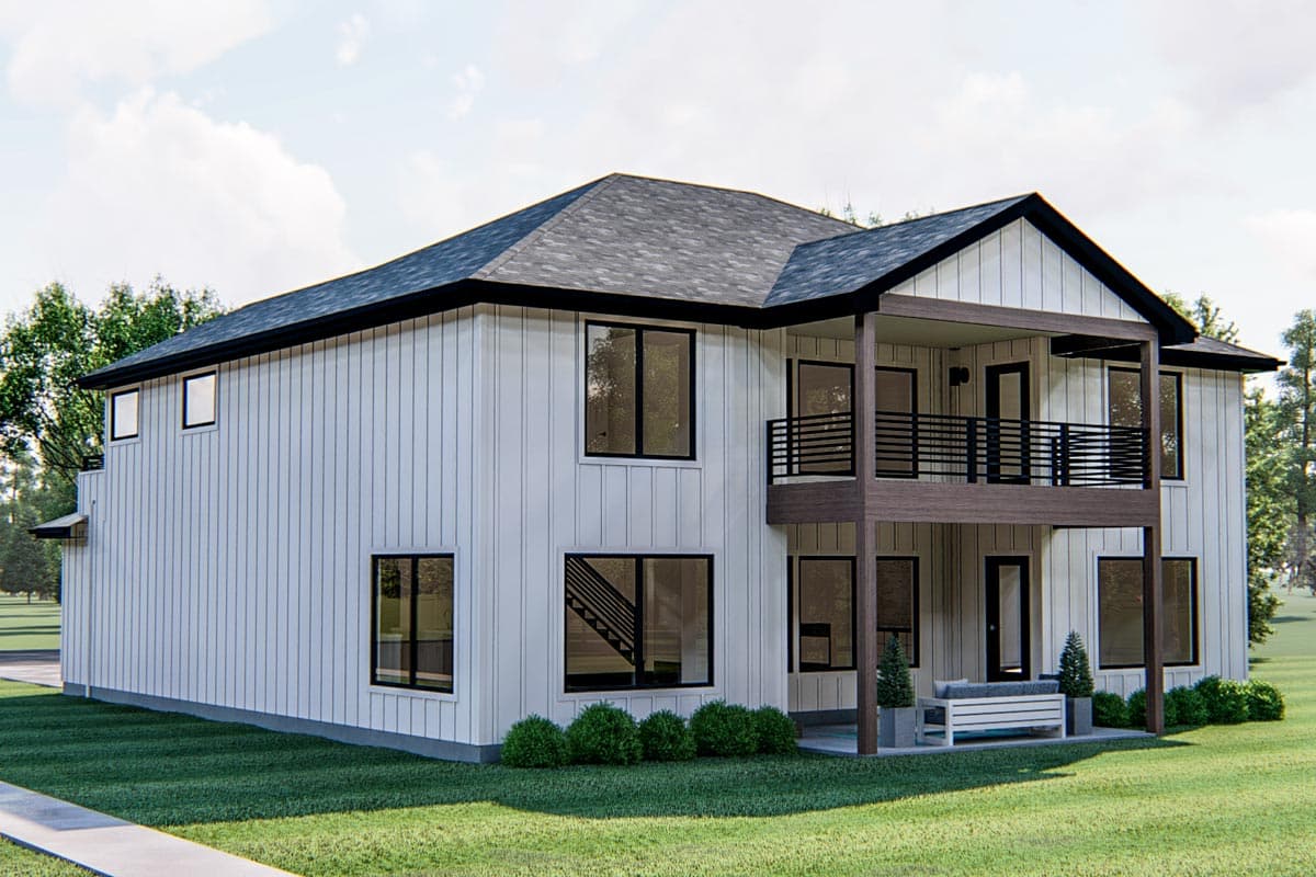 Modern style house plan exterior, two stories, vertical siding, intersecting gables, and covered upper balcony with railings.