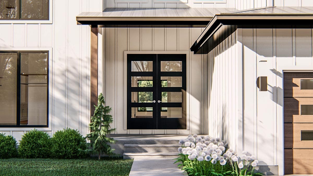 House plan exterior: Modern style with a covered entry featuring double glass doors, board and batten siding, and a wood-accented garage door.