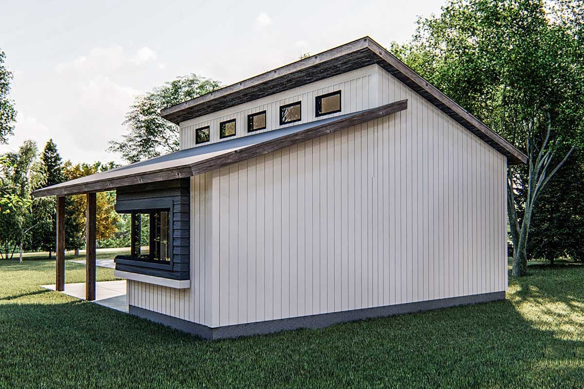 House plan exterior: Modern style, one story, with shed roof, large picture window, and clerestory windows.