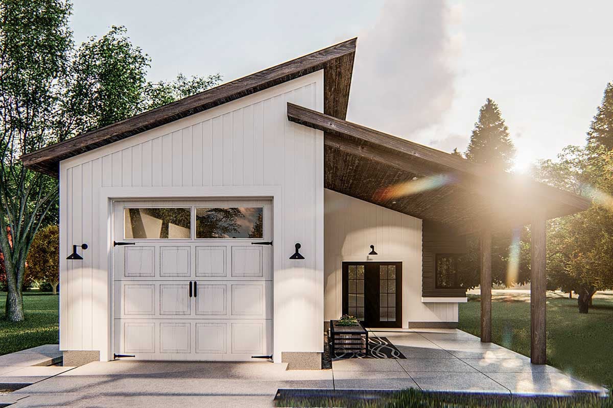 House plan exterior with modern style, featuring a shed roof, a covered porch, and a garage with a carriage-style door.