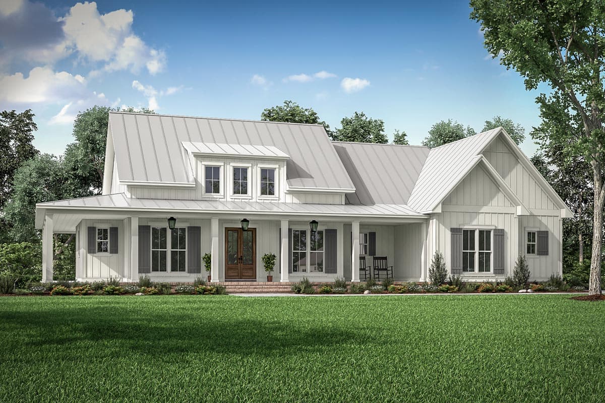 House plan exterior. Modern Farmhouse with a gabled roof, a front porch, and dormers. Features include a metal roof and board-and-batten siding.