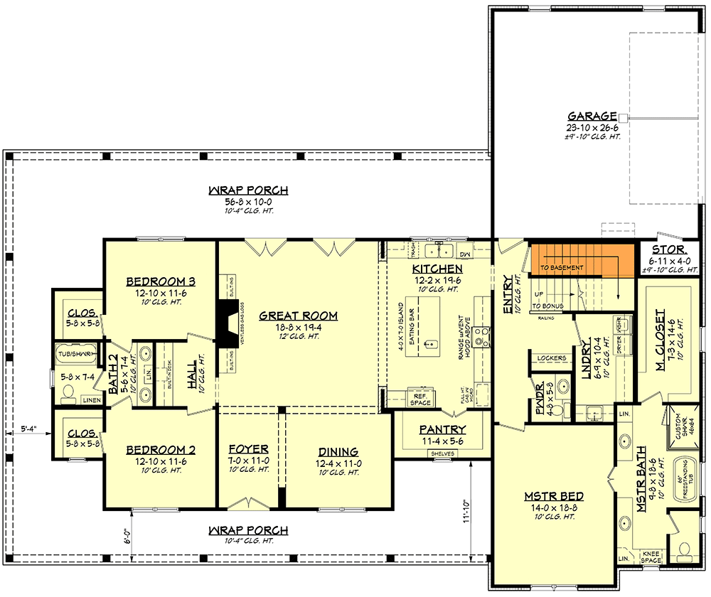 Plan 51831HZ: Three Bed Modern Farmhouse with Wraparound Porch and Bonus Room - Floor Plan - Basement Location Stairs - Country, Farmhouse, Modern Farmhouse, New American, Rustic, Southern, Traditional
