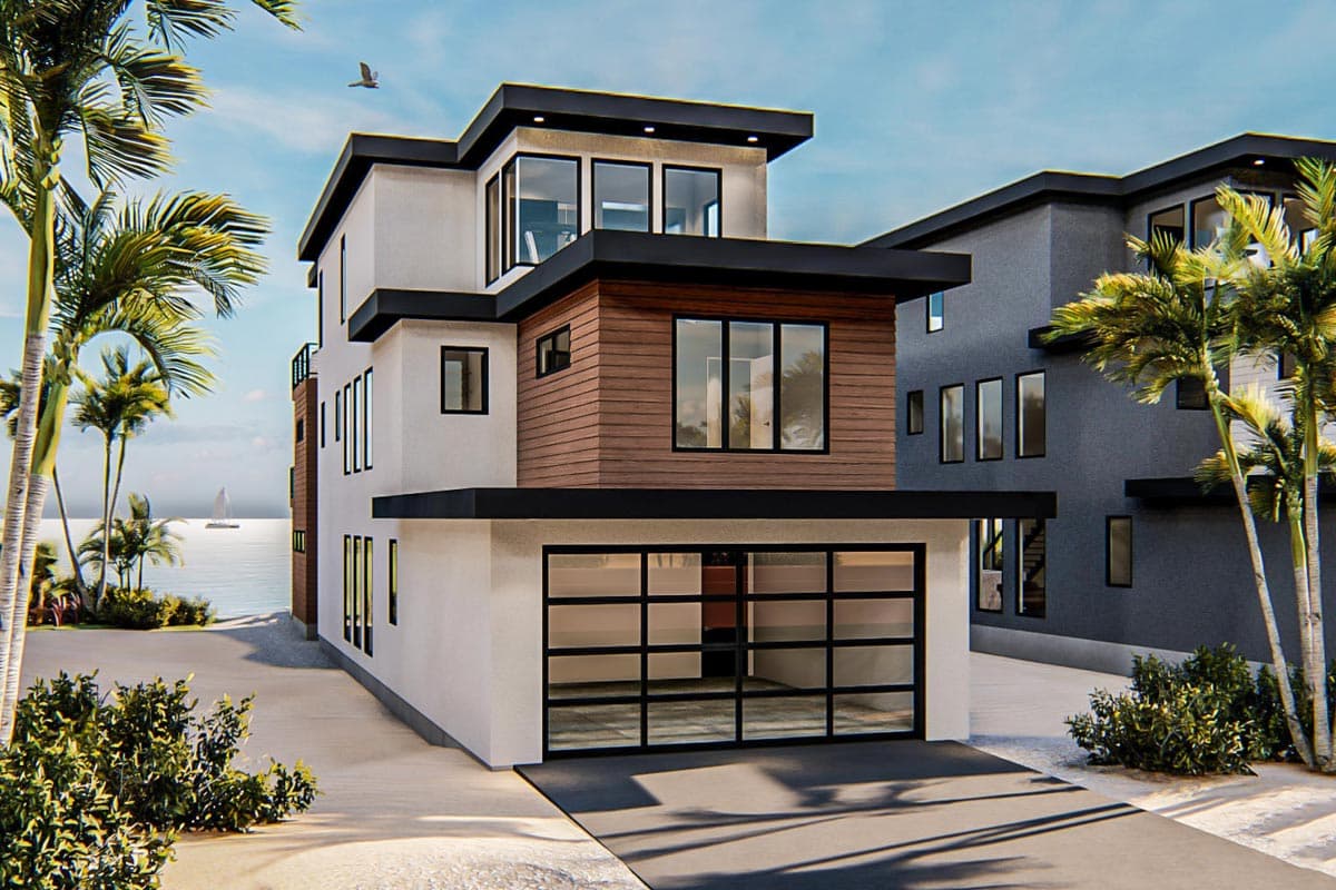 House plan exterior with modern style, three stories, flat rooflines, a glass garage door, and a wood-clad section on the facade.