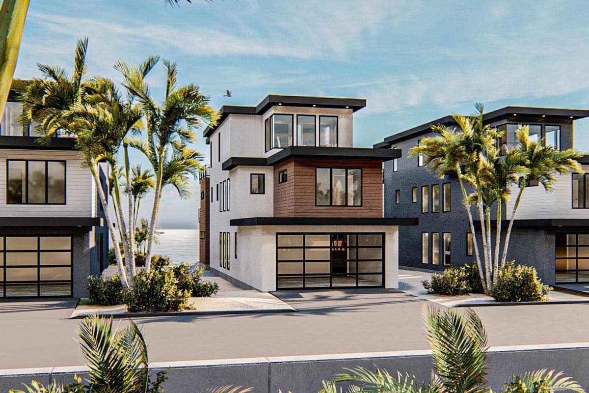Modern house plan exterior: three stories, flat roof, horizontal wood siding, and glass garage doors.
