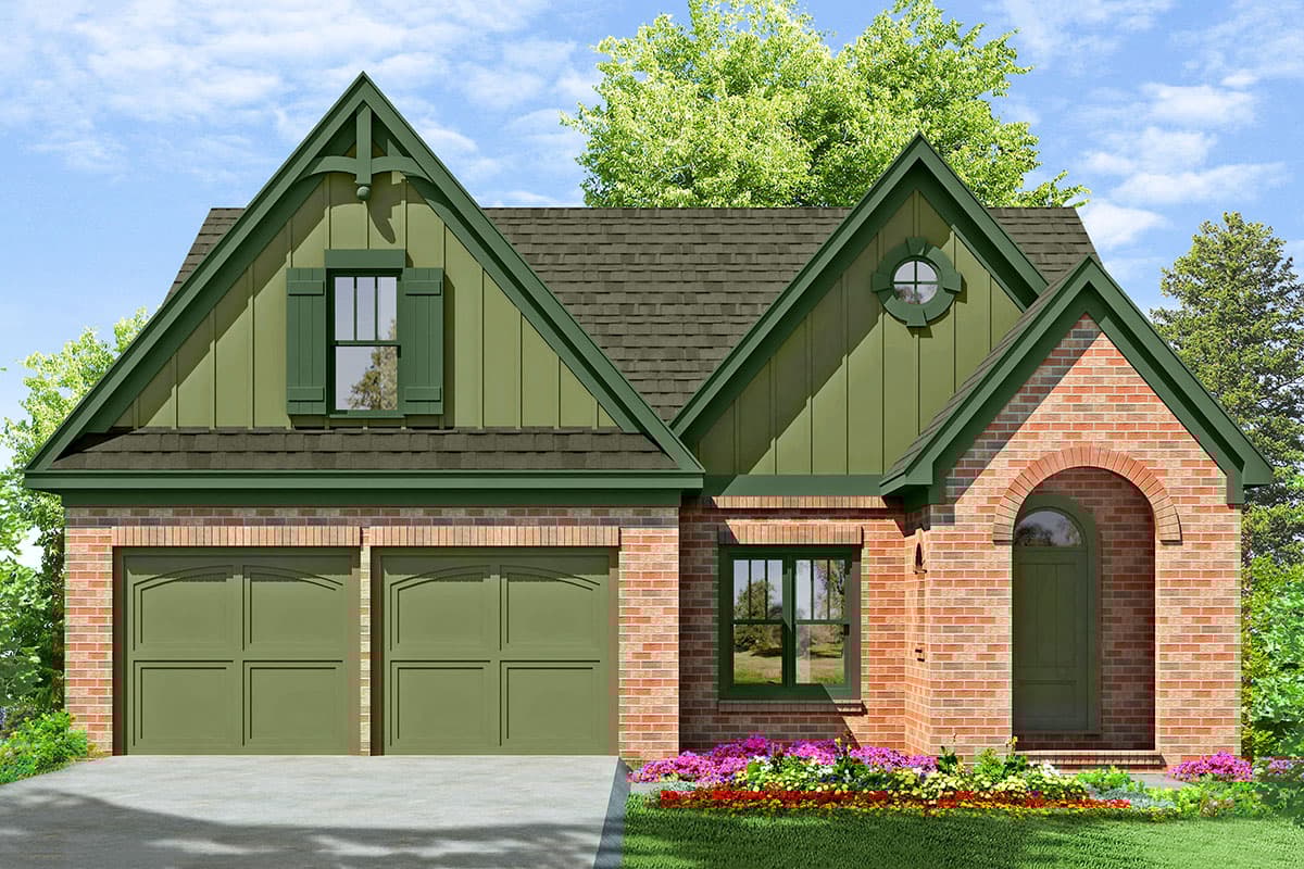 House plan exterior featuring Craftsman-style design. Includes a gable roof, two-car garage, and an arched entryway. One story.