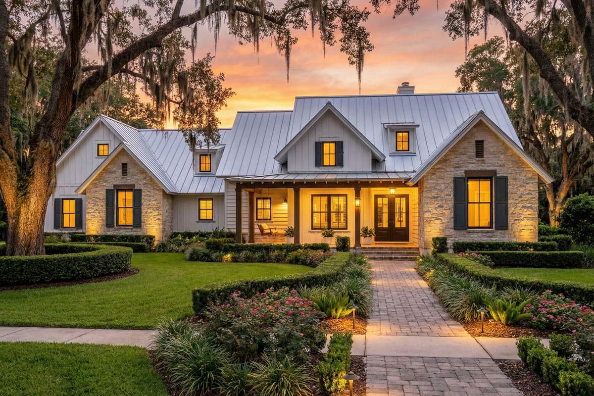 Modern Farmhouse house plan exterior with metal roof, gables, dormers, stone accents, and covered front porch.