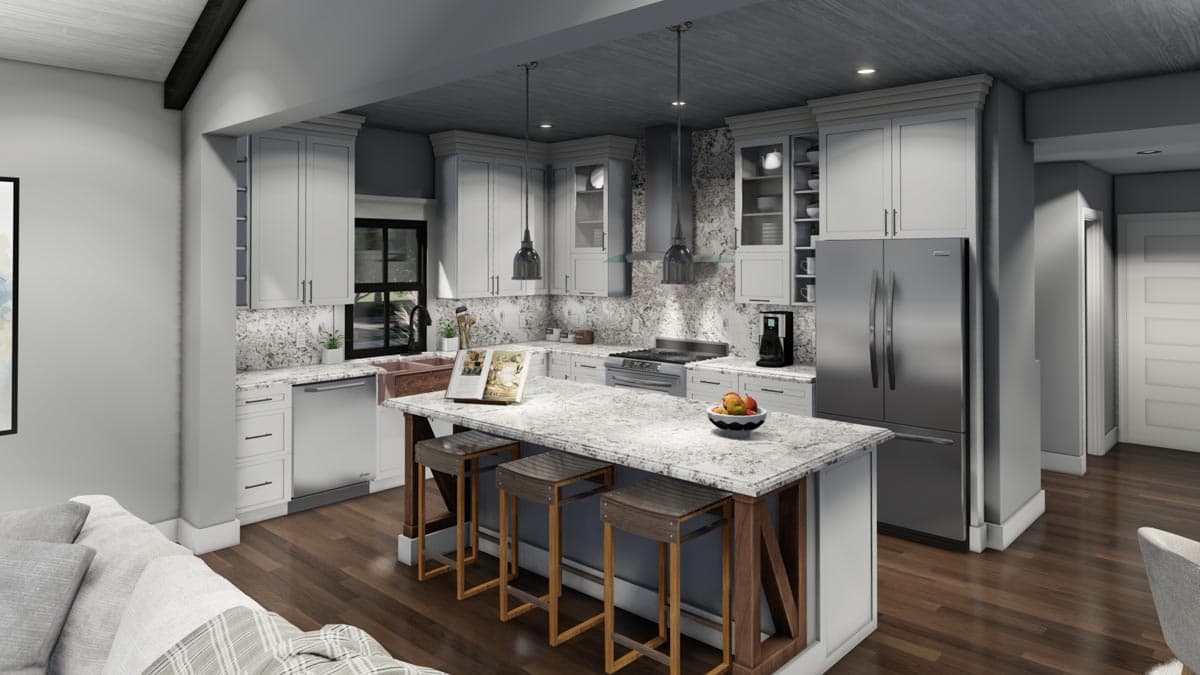 A modern kitchen with a large island with three bar stools. Stainless steel appliances and white cabinetry sit around the island.