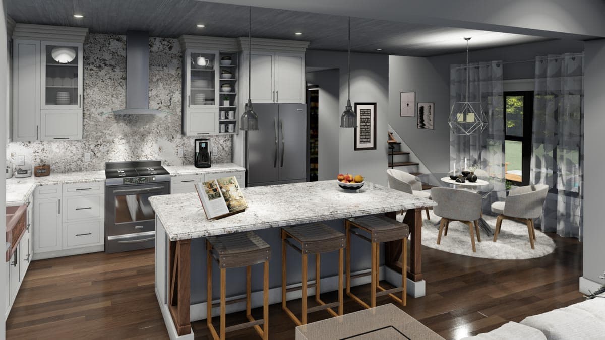 A modern kitchen and dining room with a large island, stools, stainless steel appliances, and a dining table set near a window with sheer curtains.