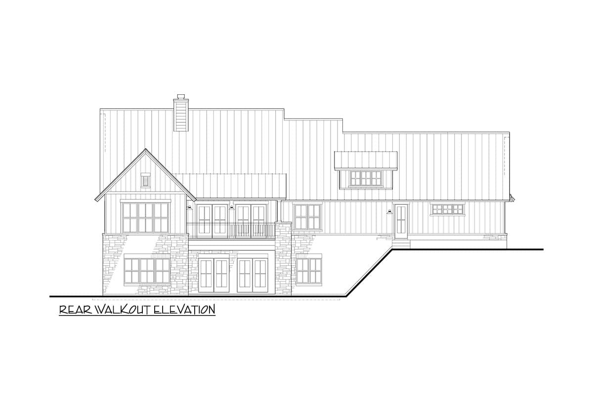 Architectural elevation of a modern home, showing the rear exterior with multiple window styles, a stone facade, and a metal roof. The text reads 'REAR WALKOUT ELEVATION'.