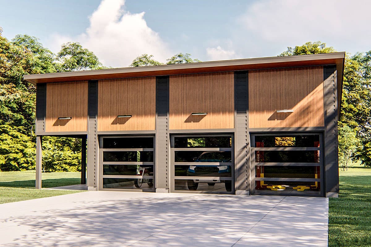 House plan exterior. Modern style, single story. Features include wood siding, flat roof, and glass garage doors.