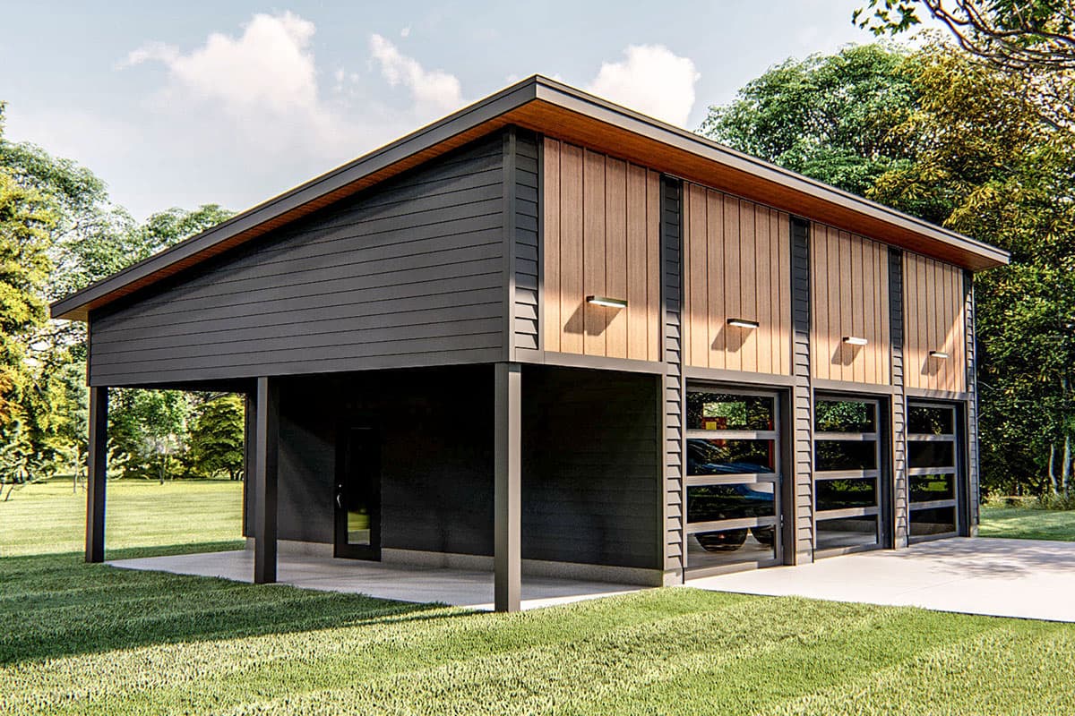 Modern house plan exterior with a gable roof, covered parking, and three glass garage doors.