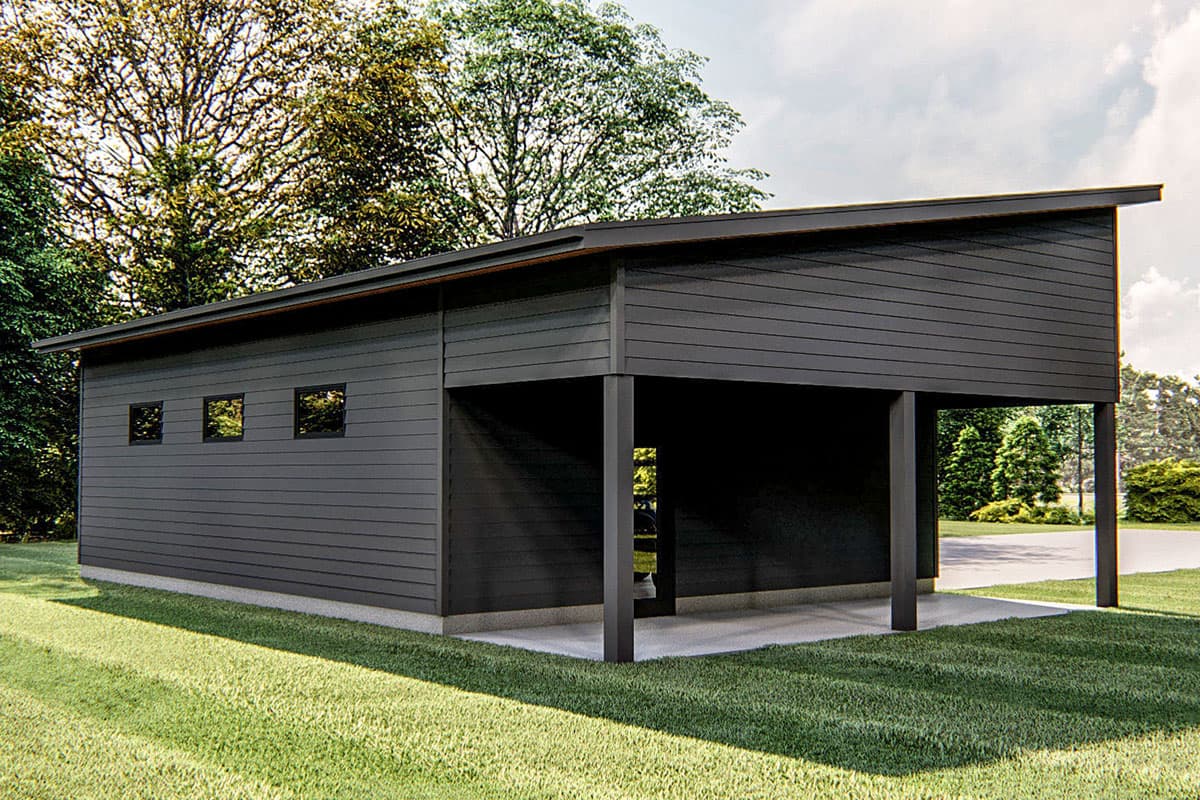 Modern house plan exterior with a single-story structure, dark horizontal siding, a shed roof, and an open carport.