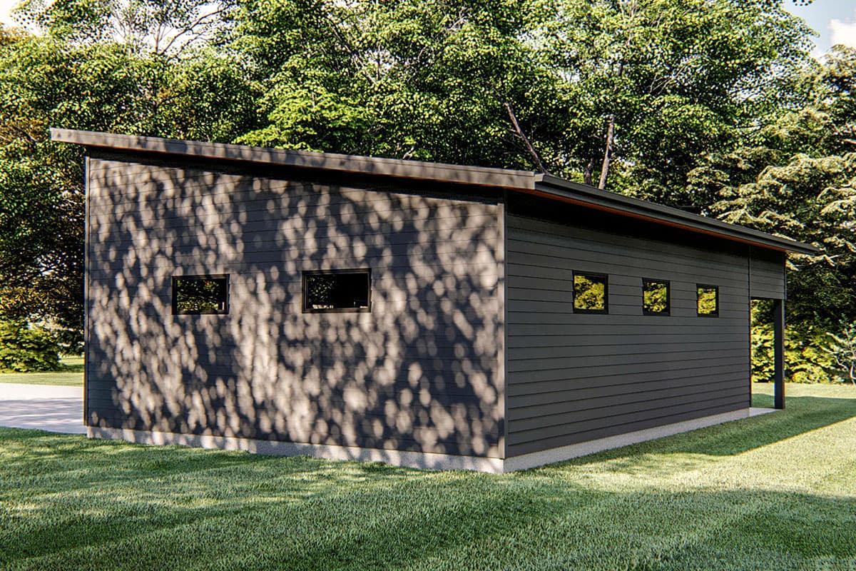 Modern house plan exterior with sloped roof, horizontal siding, and multiple small rectangular windows.