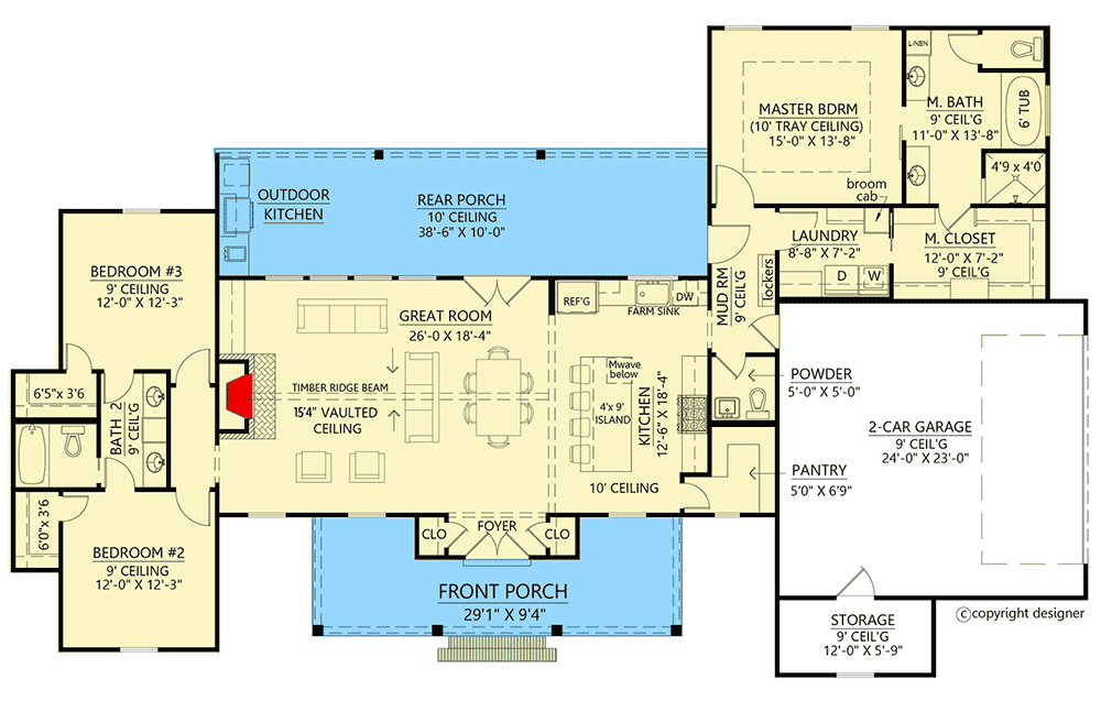 Plan 56465SM: Split Bedroom Modern Farmhouse Plan with Vaulted Great Room - 1954 Sq Ft - Floor Plan - Main Level - Country, Farmhouse, Modern Farmhouse, New American, Southern, Traditional